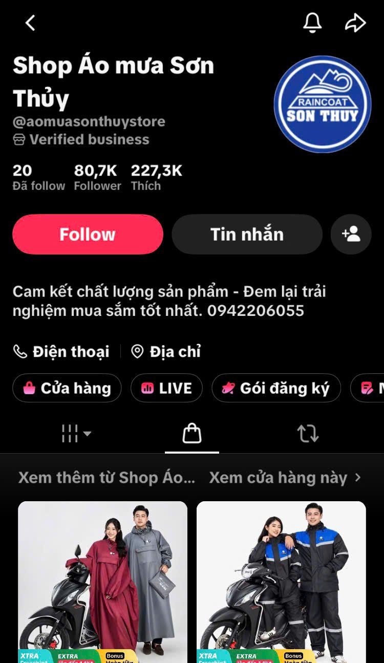 Kênh TikTok học viên Shop Áo mưa Sơn Thủy